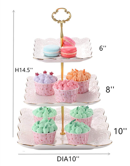 Sumerflos 3-Tier Square Porcelain Cake Stand, White Rimmed with Gold Embossed Cupcake Dessert Stand - Tiered Serving Tray for Tea Party and Show