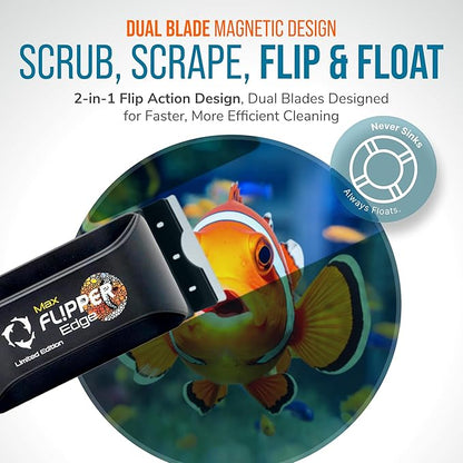 FLIPPER EDGE MAX Magnetic 2-in-1 Aquarium Cleaner for Glass and Acrylic Tanks up to 1 Inch (24mm) Thick – Dual Blade Design with Floating Algae Scraper and Cleaning Tool – LTD Clownfish