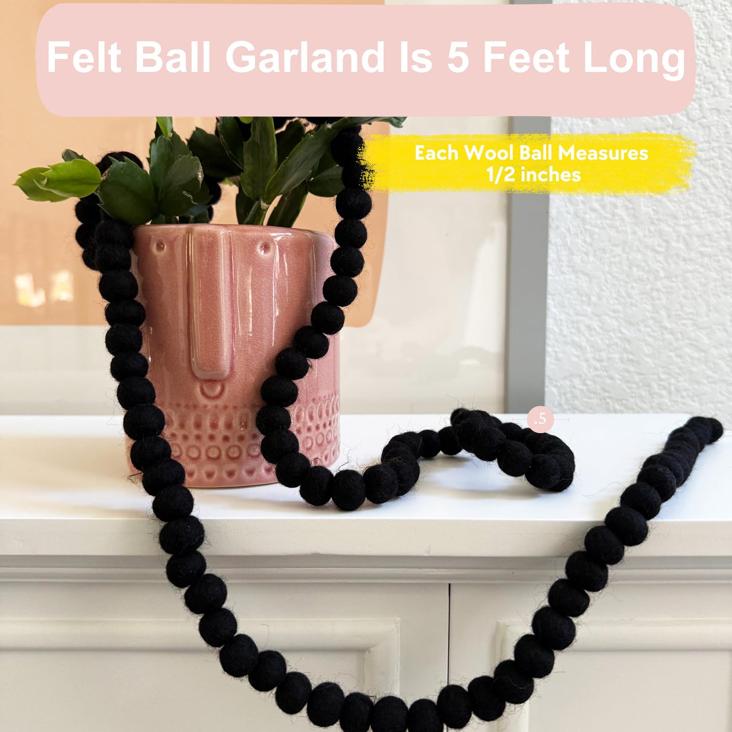Black Pom Pom Garland New Years Eve Decoration Felt Ball Garland 5 Foot Mini Wool Balls Wool Black Birthday Party, Halloween Tree & Goth Christmas Decorations