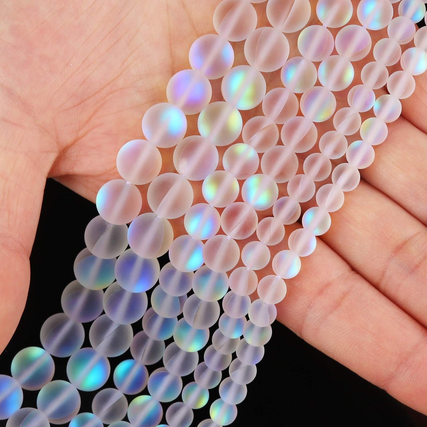 Matte White Aurora Crystal Glass Beads, 10MM Frosted Glitter Shining Mermaid Round Loose Beads, Rainbow Holographic Synthetic Moonstone for Jewelry Making DIY Bracelet