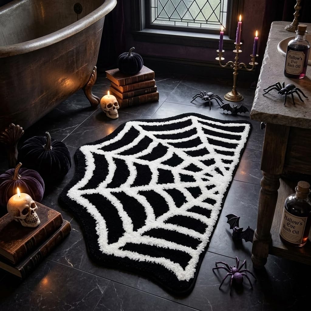 Casasphere Spider Web Bathroom Rugs, Halloween Bath Mat Non-Slip Bath Rug Machine Washable Goth Rug, 31"×20" Small Area Rugs for Front Door Bedroom Kitchen（Black）