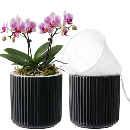 TineDew 2 Pack of 4in Ceramic Cachepot with 4 inch Clear nusery Pot - self Watering Indoor Planter with Drainage for Root Visibility,semi Hydro pots for repotting Succulent,Black