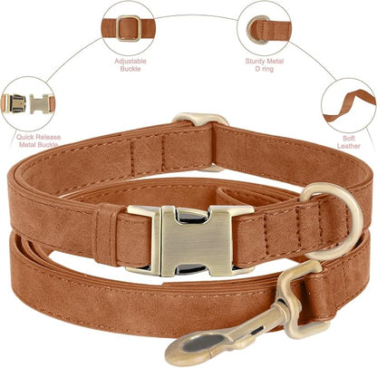Genuine Leather Dog Collar - Adjustable Pet Collar with Quick Release Metal Buckle, Soft Skin Friendly Real Leather Collar for Small, Medium, Large Dogs (Khaki Collar + Rope, M：Fit 12-20" Neck)