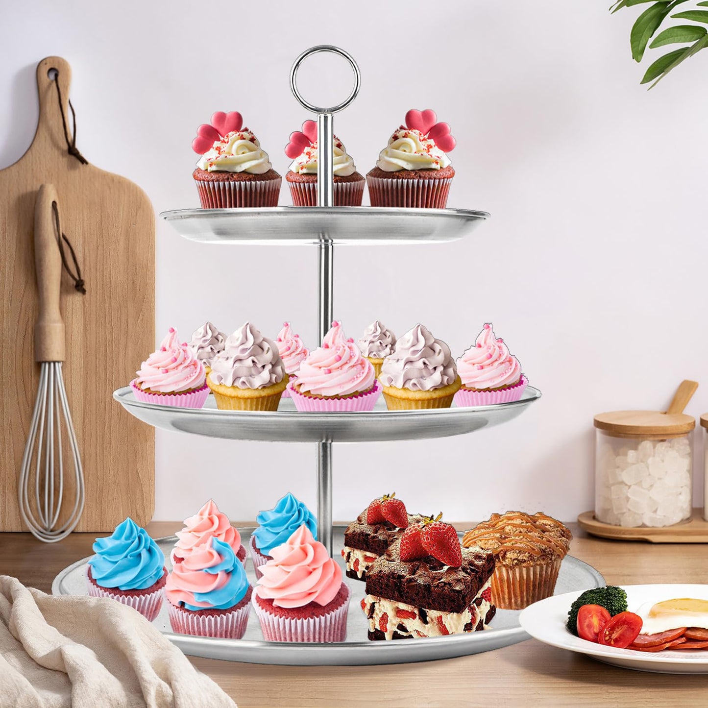 LIAISIMI 3 Tier Silver Cupcake Stand Stainless Steel Dessert Display Rack with Removable Tiered Tray for Parties,Weddings,Birthdays,Decorations,Any Festivals and Festivities(Stainless Steel Pole)