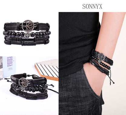 SONNYX 44 Pcs Braided Leather Bracelets for Men Women Woven Cuff Wrap Bracelets Hemp Cords Wood Beads Ethnic Tribal Bracelets Adjustable Leather Wristbands