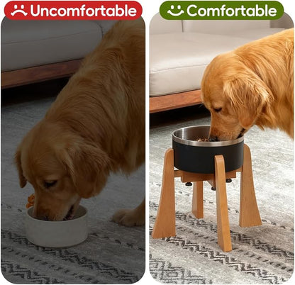 Elevated Bowl Stand Set 12-inch with Heavy Duty Beech Wood Made, Anti-Vomit Design for Medium Breed, Senior Dogs, Ergonomic Neck Protecting, Adjustable Diameter, Easy Clean Non Toxic