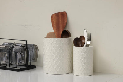 Docrin Ceramic Kitchen Utensil Holder 2 Pack - 6.8"+5.1" Inch Countertop Storage Organizer, Non-Slip Base, Easy to Clean, Elegant White Ceramic Utensil Crocks for Spatulas, Spoons, Cooking Gadgets