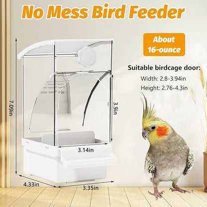 BNOSDM No Mess Bird Feeder Transparent Automatic Bird Cage Feeder with Perch Acrylic Parrot Food Container Parakeet Cage Accessories for Parakeets, Budgies, Cockatiel, Finch, Canary, Lovebird (White)