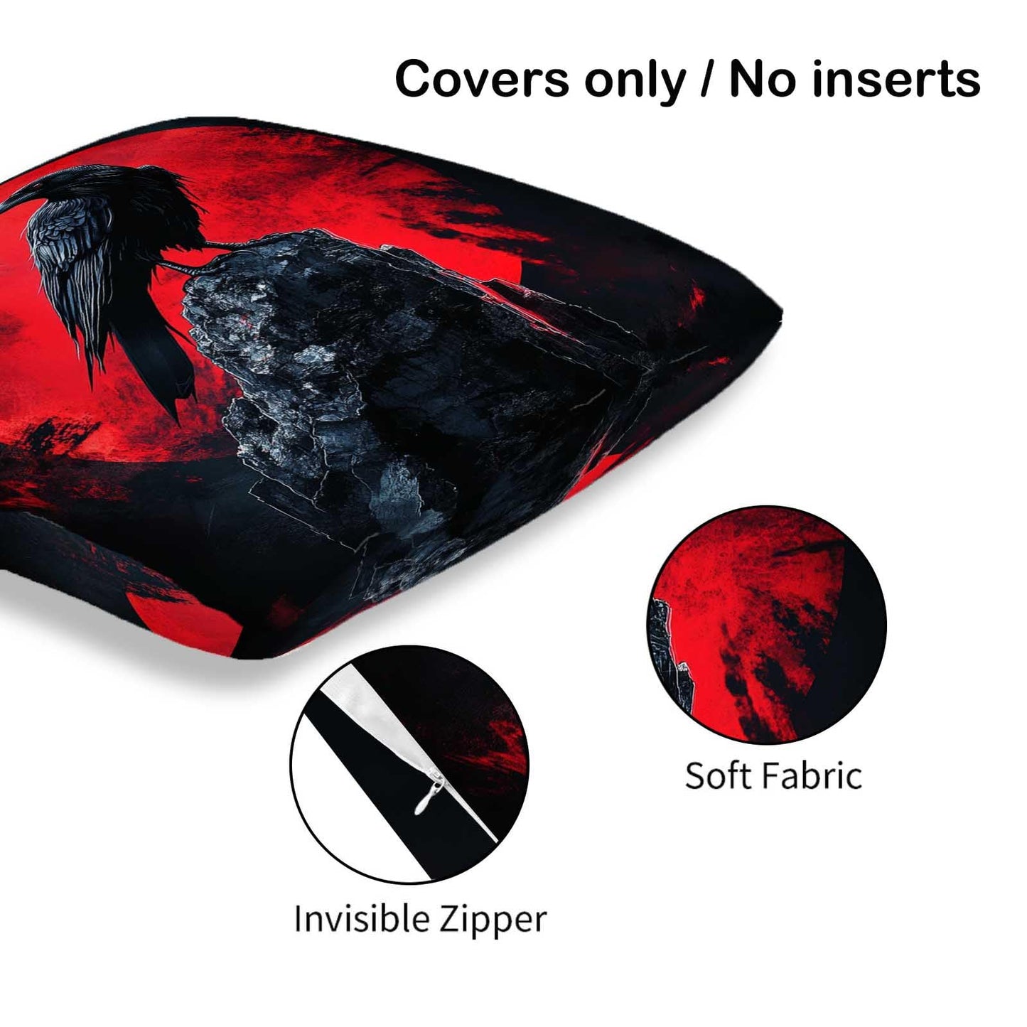 ZibZorp Raven Moon Pillow Covers 18x18 Set of 2 | Gothic Decorative Cushion Cases | Black Crow Red Moon Pillowcases | Halloween Dark Throw Covers for Sofa Living Room Bedroom Decor