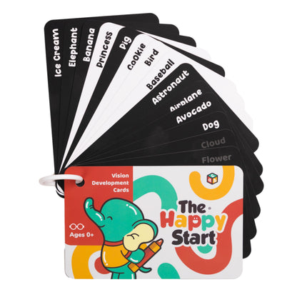 Happy Start High Contrast Baby Cards for Newborns - Black & White Cards, Water-Resistant, BPA-Free, Portable Educational Flashcards for Visual Stimulation, Award-Winning, Ages 0+ (English)