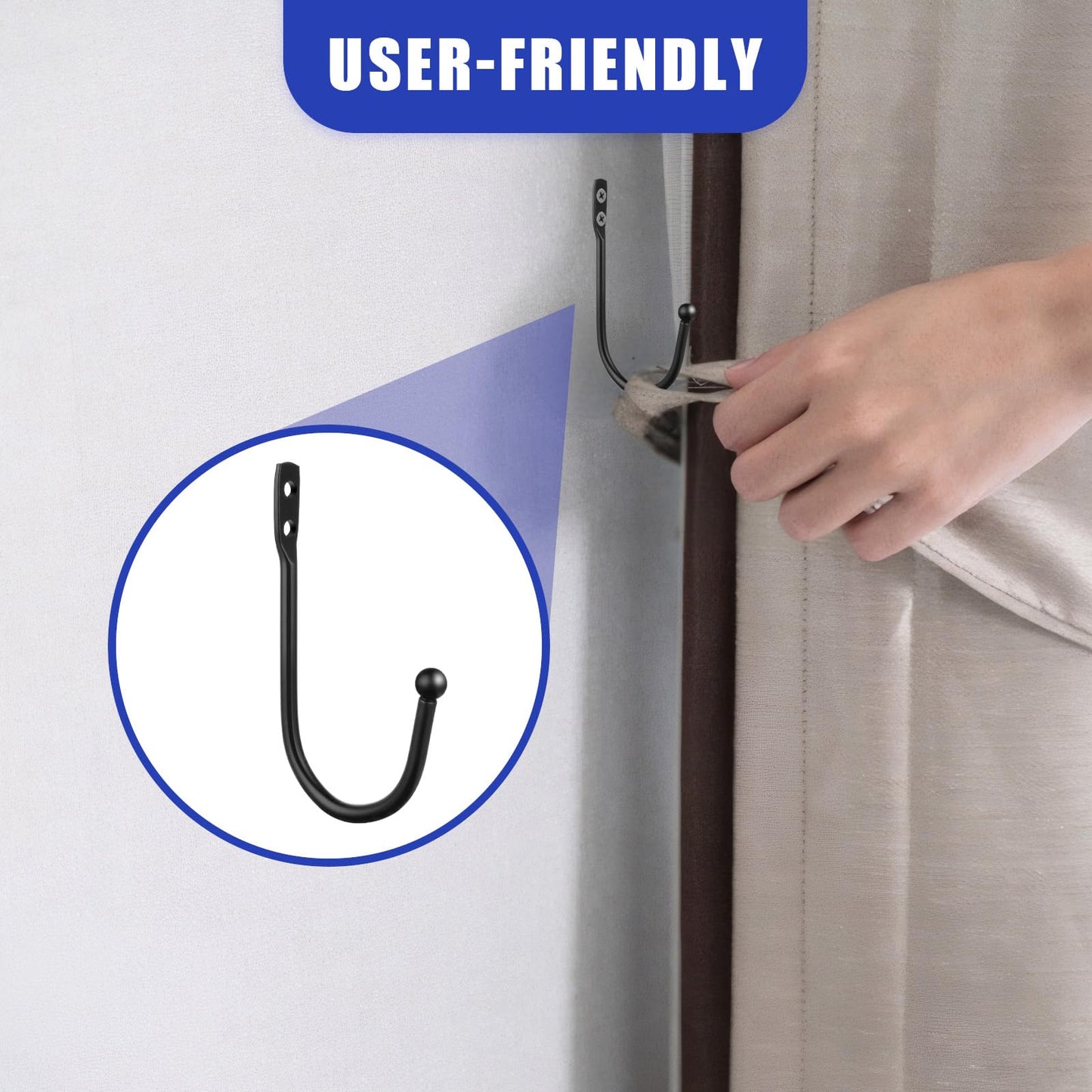 Gaahkai 12PCS Curtain Tie Back Hooks, Metal Curtain Holdbacks Side Tiebacks Wall Mounted with Screws, Black