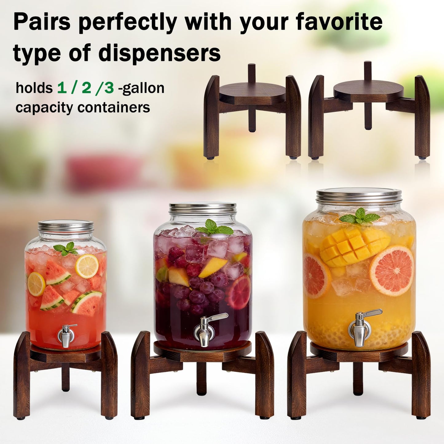 Homeqttomt Drink Dispenser Stand Adjustable Width for 5-Gal Jugs & Beverage Jars with Round Flat Tray - Sturdy Walnut Holder for Water Coolers, Plant Pots (Walnut wood color)