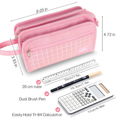 Sooez Large Pencil Case, Big Capacity Pencil Pouch Pen Bag with 3 Compartment, Portable Canvas Stationery Organizer with Zipper, Cute Aesthetic School Supplies for Teen Girls College, Pink with Plaid