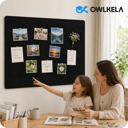 OWLKELA 36 x 24 inch Felt Bulletin Board, Self-Adhesive Pin Board with 20 Pushpins, Cork Board Alternative for Office Home School, Black