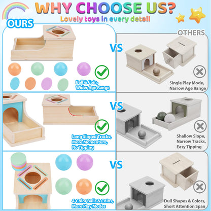 FCSONU Toddlers Montessori Coin Box Toys for 1 2 3 Year Old Boys Girls, Object Permanence Box Ball Drop Toy, Learning Sorting Sensory Toys for Ages 2-3 Kids, 1st Birthday Gifts for Baby 12-18 Months