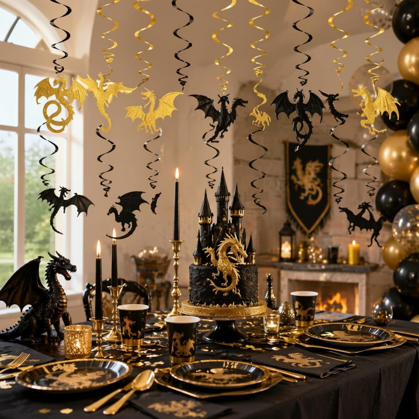 Sumind 30 Pcs Dragon Hanging Swirls Party Decorations, Black and Gold Dragon Ceiling Hanging Decor for Medieval Fantasy Themed Birthday Party Supplies, 10 Designs