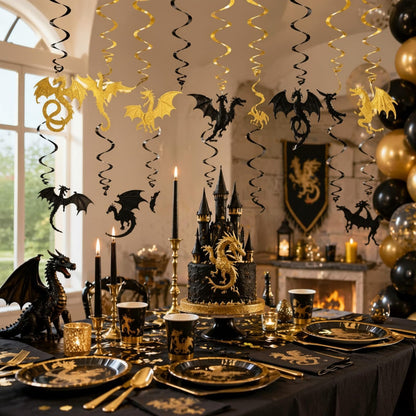 Sumind 30 Pcs Dragon Hanging Swirls Party Decorations, Black and Gold Dragon Ceiling Hanging Decor for Medieval Fantasy Themed Birthday Party Supplies, 10 Designs