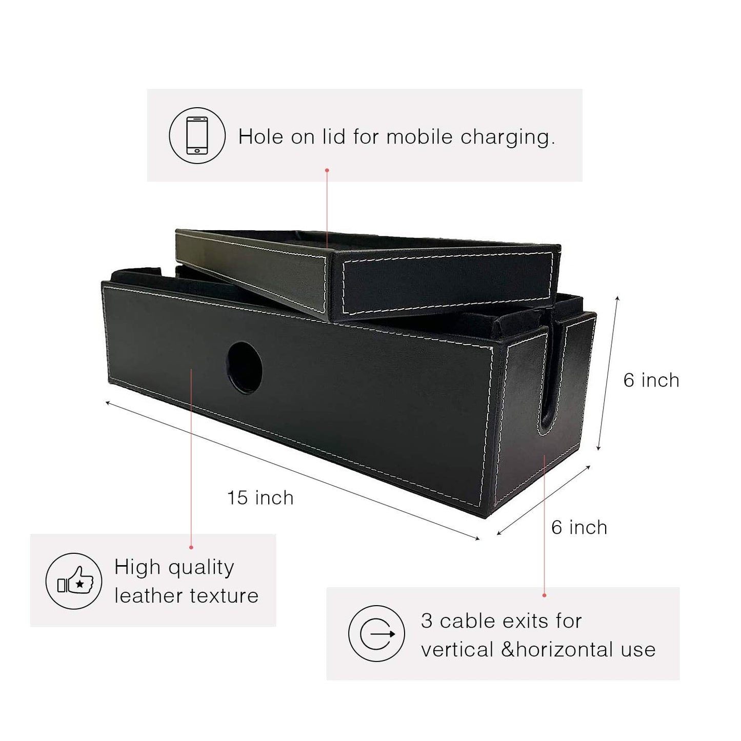 NEET Cable Management Box Large, Computer Cord Organizer, Hide and Conceal, Power Cable Organizer, Computers and Desks, Black Stitched Leather