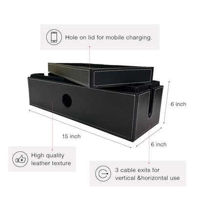 NEET Cable Management Box Large, Computer Cord Organizer, Hide and Conceal, Power Cable Organizer, Computers and Desks, Black Stitched Leather