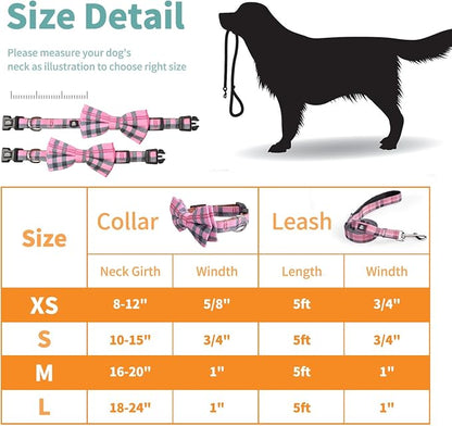IVY&LANE Dog Collar with Bowtie and Leash Set | Plaid Adjustable Dog Collar | Detachable Bow Tie |5 FT Dog Leash | for Small Medium Large Dogs | Checkered Pink | X-Small