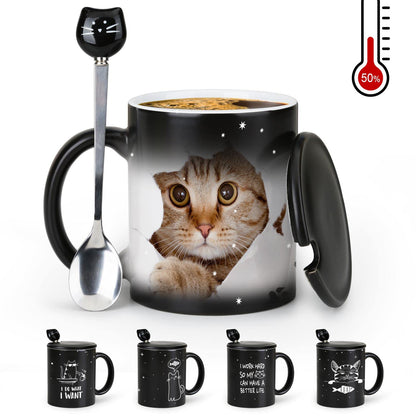 MUGKISS Color Changing Coffee Mug 11oz - I Work Hard So My Cat Can Have a Better Life - Halloween Cat Cup With Black Lid and Head Spoon, Gifts for Birthday, Christmas