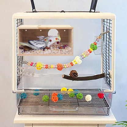 Rypet Parakeet Nesting Box Transparent Design, Thwartwise Bird Nest Breeding Box with Perch Wood Bird Cage House for Cockatiel Lovebirds Budgie Finch Parrotlets Canary M