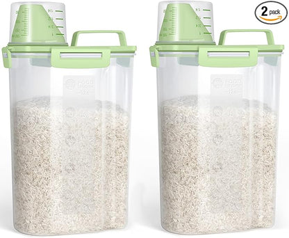 TBMax Rice Container Cereal Storage Container 2 Pack 5 Lbs, Plastic Kitchen Pantry Food Storage Container with Cup, Small Pet Dog Cat Food Dispenser -Green