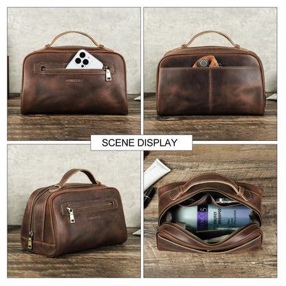 Contacts Full Grain Leather Travel Toiletry Bag for Men Wash Bag Bathroom Shaving Dopp Kit Toiletries Organizer Vintage Cosmetic Bag