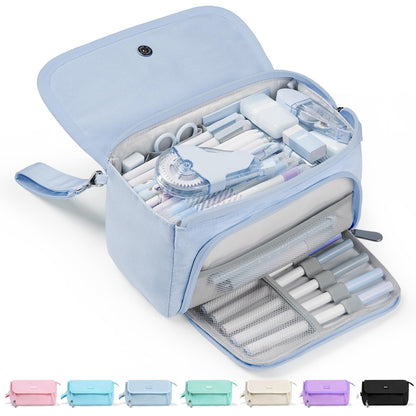 Sooez Super Large Pencil Case, Big Capacity Pencil Bag with 3 Compartments, can hold 100 pencils,Cute Pencil Pouch with Zipper,Portable Stationery Pen Bag,Aesthetic School Supplies For Girls,Haze Blue