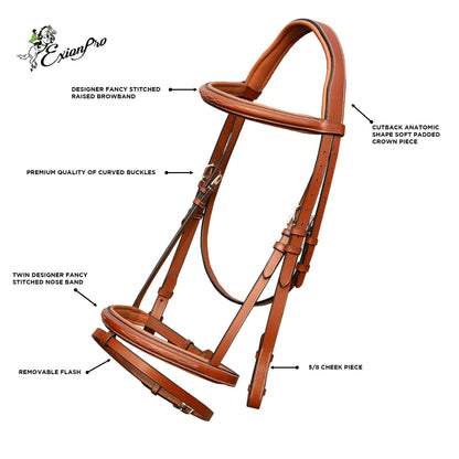 ExionPro English Jumping Bridle with Flash & Rubber Reins – Anatomical Padded Horse Bridle – Premium Leather Designer Stitched Hunter Jumper Tack – SS Buckles – Pony, Cob, Full, Warmblood