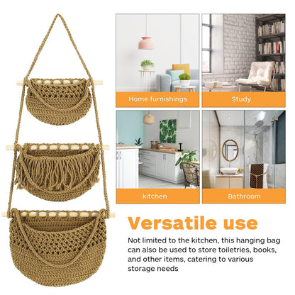 Cabilock 3 Tier Hanging Fruit Basket for Kitchen - Boho Macrame Woven Wall Storage for Onion and Potato, Space-Saving Cotton Rope Produce Organizer for Pantry & Bathroom