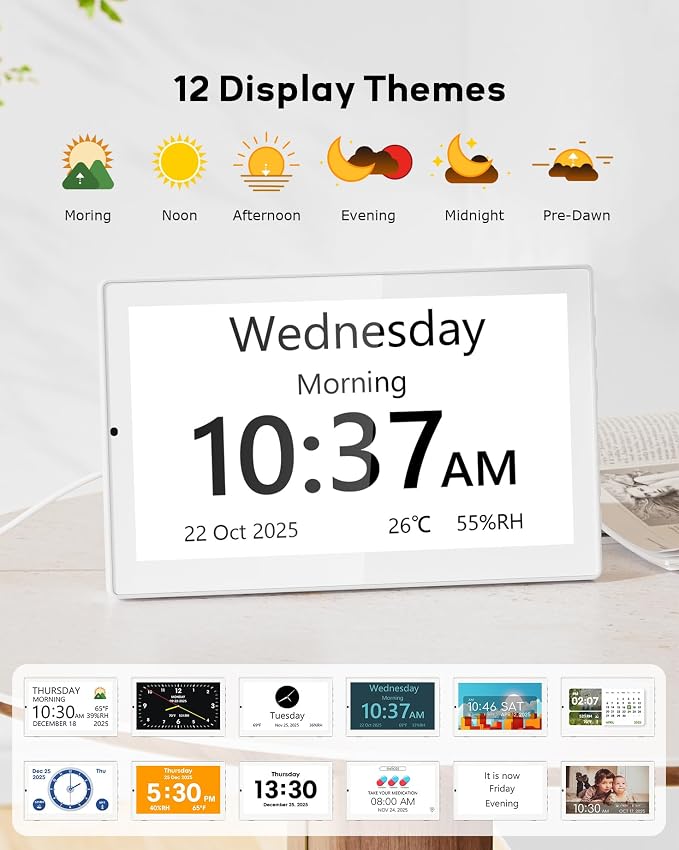 Mesqool 10.1" Large Digital Clock for Seniors with Date & Day, Easy-to-Read Calendar, Daily Reminders, Auto Dimming Display, Remote Control, Indoor Temperature & Humidity, Wall Mountable