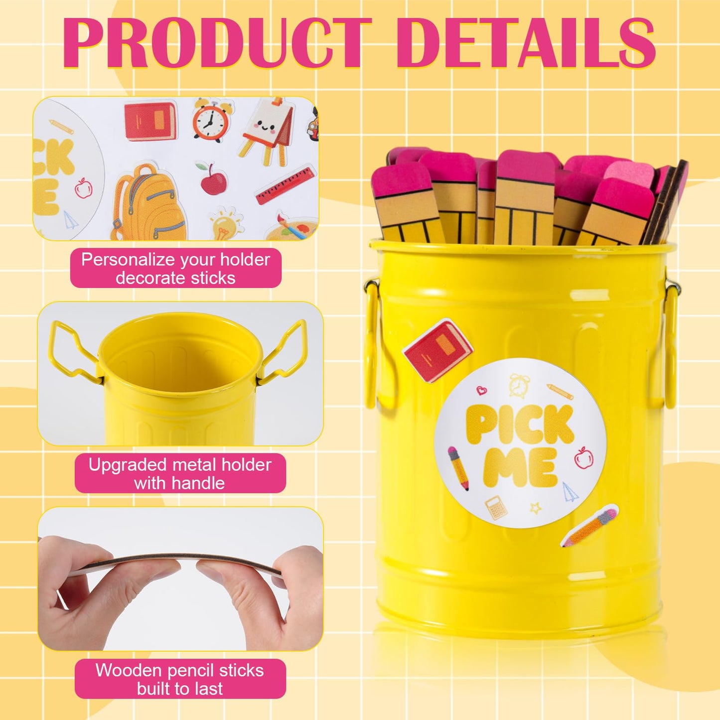 Jieting 101 Pcs Pencil Flip Name Sticks with Metal Holder and Sticker, Random Student Selector Pick Me Sticks for Teacher Classroom Management and Learning Activities