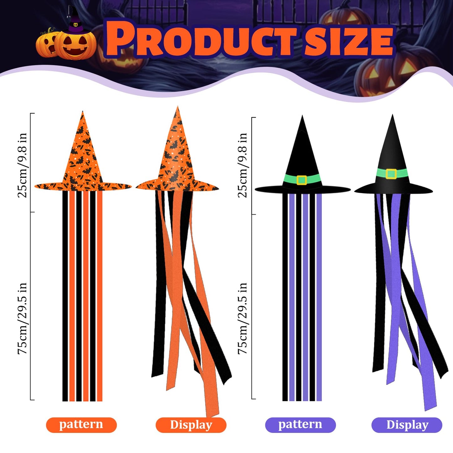 2 Pack Halloween Witch Hat Windsock Flag Decorations, 35 Inch Hanging Flying Witches Witzard Theme Parties Supplies Spooky Cartoon Wind Socks for Yard Patio Garden Pathway Tree Indoor Outdoor Decor