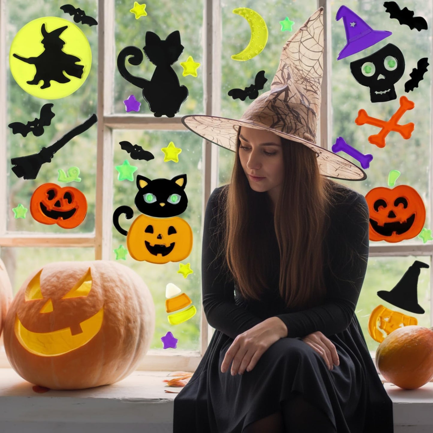 Sinload 6 Sheets Halloween Window Gel Clings Pumpkin Bat Witch Decal Stickers for Halloween Home Party Window Decorations