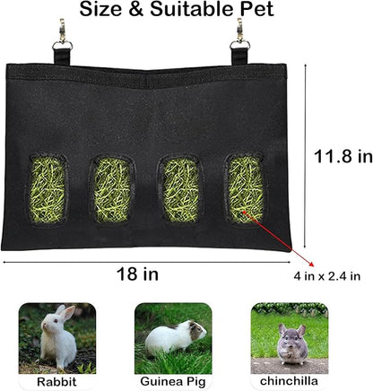 Rabbit Hay Feeder - Large Capacity Oxford Cloth Hanging Hay Bag - 4 Holes - 1 Pcs (Black)
