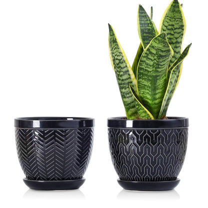 Sureasy 6.5 Inch Ceramic Plant Pots, Embossed Decorative Planters with Drainage Hole and Saucer, Modern Flower Pots for Indoor Plants, Set of 2, Black