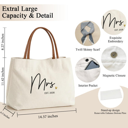 Ugiftcorner Mrs Gifts for Bride Tote Bag 2026, Embroidered Canvas Wedding Essential Bag with Leather Handle & Pocket, Bridal Shower Gift for Bride to Be, Bachelorette Honeymoon Future Mrs Beach Bag