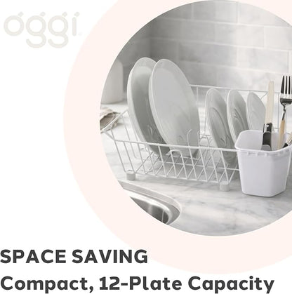 Oggi Compact Dish Drying Rack - White Metal Dish Drainer Rack, Drying Rack Kitchen, Dish Rack, Dish Racks for Kitchen Counter, Durable Coated Metal Kitchen Drying Rack with Cutlery Holder