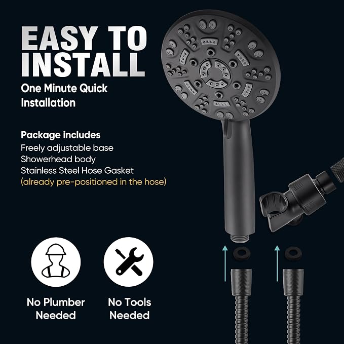 Cobbe 8-Setting Handheld Shower Head Bathroom Showerhead Set - Detachable Shower Heads with 5ft Stainless Steel Hose and Brass Swivel Bracket (Matte Black)