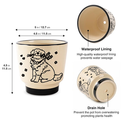 STHIE 5 inch Ceramic Plant Pot, Round Planters for Indoor Plants with Drainage Hole, Ice Crack Decorative Flower Pot, Cute Planters for Snake Plant (Flower Dog)
