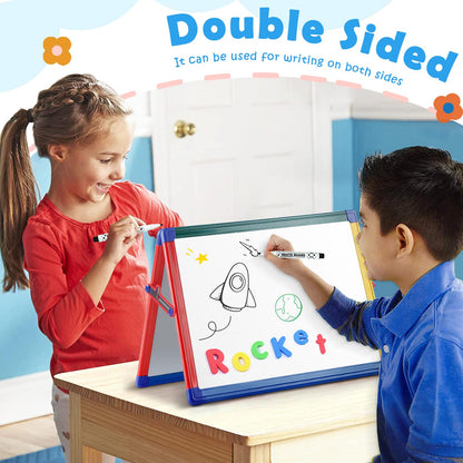 SWANCROWN Portable Dry Erase White Board for Kids, 16x12 inch Toddler Boy Girl Toys Magnetic Table top Whiteboard Small Double Sided Art Easel with 82Pcs Letter Magnets Magnetic Foldable Board