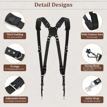 Jumyee Double Camera Harness for 2 Cameras, Adjustable Dual Shoulder Leather Camera Strap for DSLR/SLR(Black Leather)
