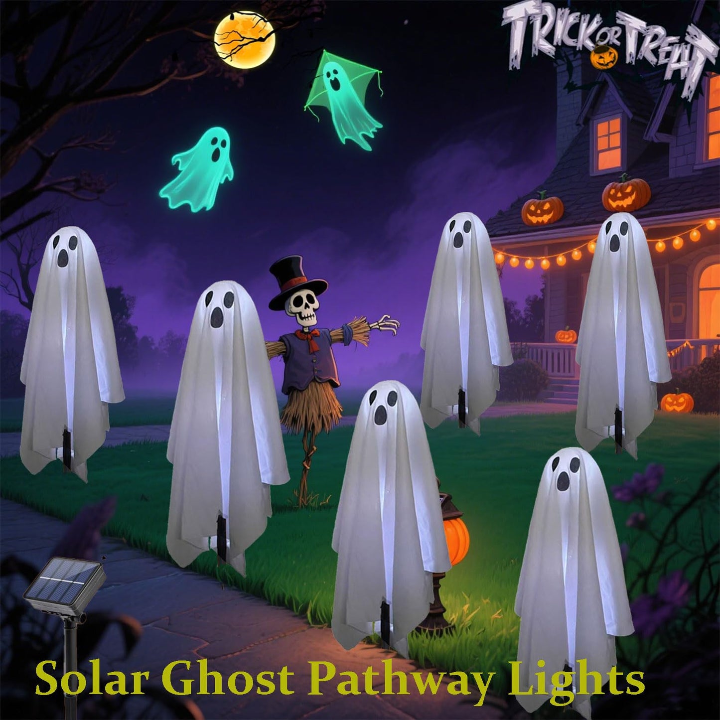 6 in 1 Halloween Decorations Outdoor, Solar Ghost Pathway Lights, Waterproof, LED Light Up Spooky Ghost Decor for Front Door Porch Garden Yard Lawn Patio Halloween Party