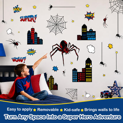 Superhero Wall Decor, Hero City Building Stars Stickers for Kids Boys, 70 Piece UV PVC DIY Removable Reusable Cartoon Stickers for Toddler Nursery, Bedroom, Playroom