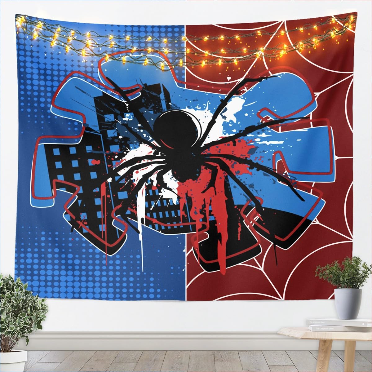 Spider Web Kids Tapestry,Spider Arachnid Insect Animal Wall Tapestries for Boys Girls Women Men,Modern Block Halloween Wall Tapestries,Red Blue Unique Home Wall Decor,Large 59.1 x 82.7 Inches