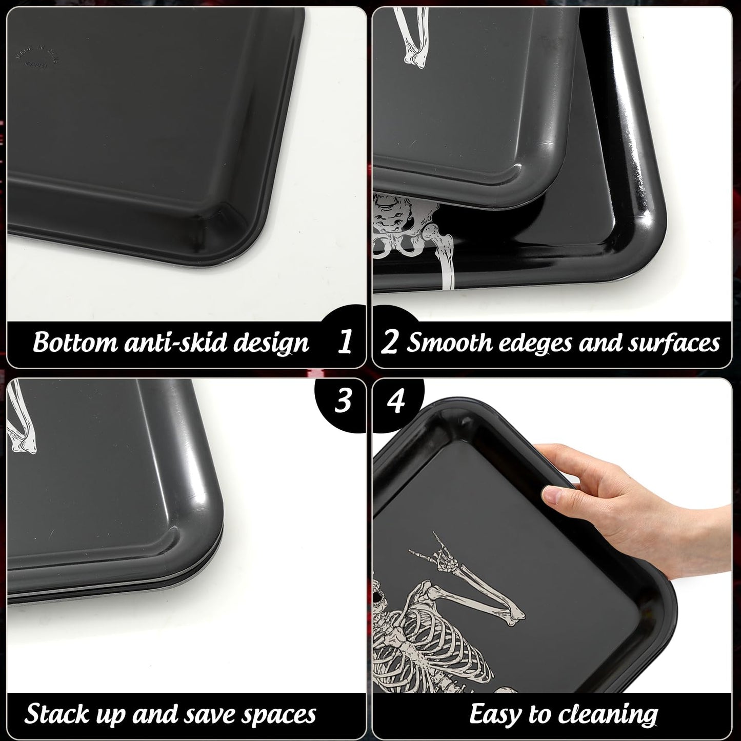 Whaline 3Pcs Halloween Serving Trays Black Skeleton Plastic Platter Serving Dishes Reusable Trays for Party Sharing Snack Fruit Dessert Supplies, 10 x 13 Inch