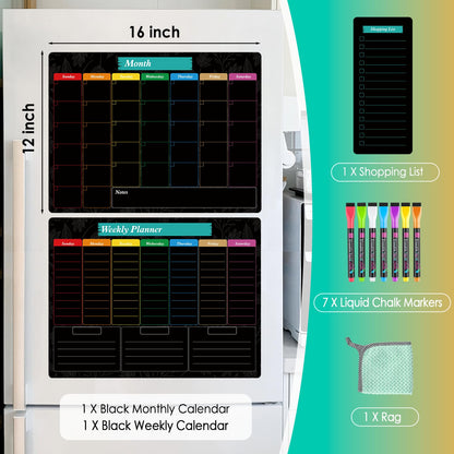 MaxGear Black Magnetic Calendar for Refrigerator, 16x12 Monthly and Weekly Dry Erase Fridge Whiteboard, Menu Schedule Planner Board, to-Do List, Notepad with 7 Markers,1 Eraser, and 1 Shopping List