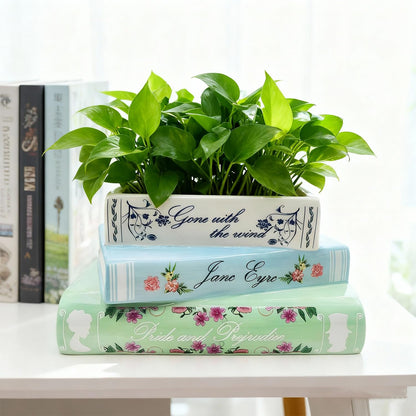 Book Planter Decor - Cute Bookshelf Plant Pots, Small Book Shaped Ceramic Planters, Book Flowers Vase with Drainage Hole, Classic Titles Bookstack for Book Lovers Gifts for Home Bedrooms, Living Rooms