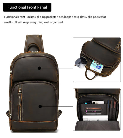 LANNSYNE Full Grain Leather Sling Bag For Men Crossbody Chest Daypack fits 12.9" iPad